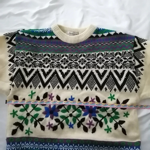 Vintage Embroidered Chunky Knit Sweater Norway Grandma Geometric Floral Medium - Picture 15 of 17